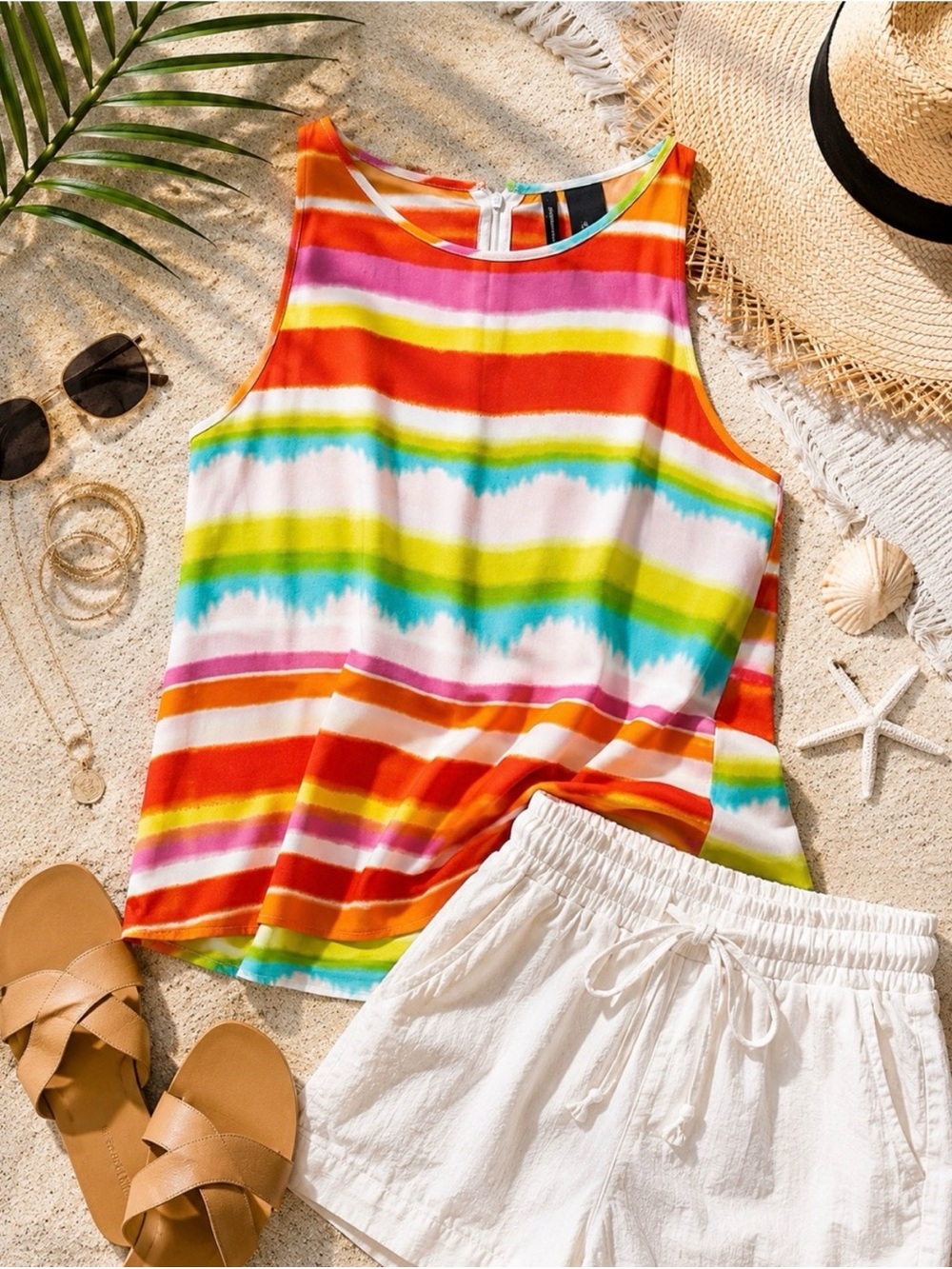 Multicolor Rainbow Stripe Tank Top | Boho Summer Vacation Top Size Medium